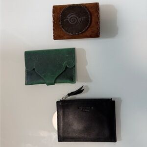 Minimal Leather Zip Pouch and Two Small Leather Wallets - Green, Black, Brown